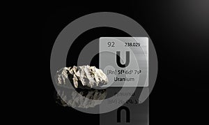Uranium element on a metal periodic table with yellowish grey metamictic Uranium on dark background. 3D rendered icon and