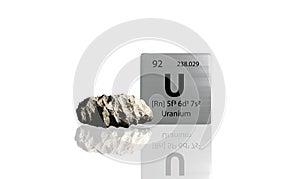 Uranium element on a metal periodic table with yellowish grey metamictic Uranium on white background. 3D rendered icon and
