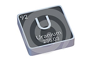 Uranium U chemical element of periodic table isolated on white background. Metallic symbol of chemistry element