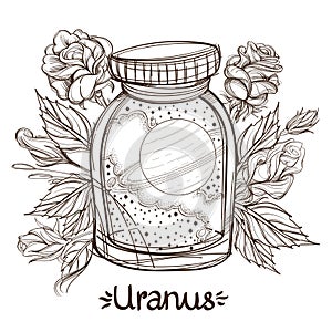 Uranus in a glass jar. The planet of the solar system in a glass bowl on a stand. Illustration for design on the