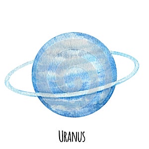 Uranus Planet of the Solar System watercolor isolated illustration on white background. Outer Space planet hand drawn