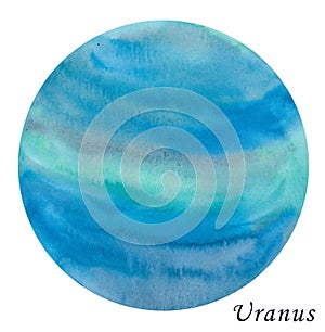 Uranus Planet watercolour illustration. Hand drawn on white back