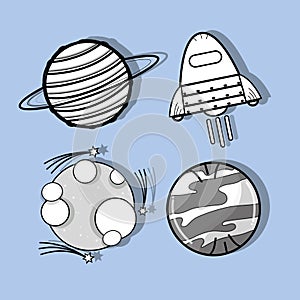 Uranus, venus, moon and rocket in the space