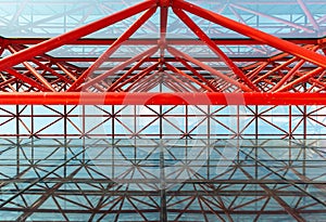 The urban abstract red steel structure of the office building