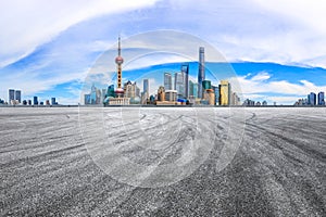 Urban architectural landscape skyline and asphalt road in Shanghai