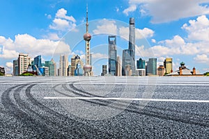 Urban architectural landscape skyline and asphalt road in Shanghai