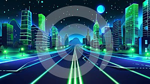 Urban architecture, megalopolis infrastructure in darkness, cartoon modern illustration of a night city street with