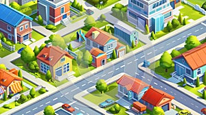 An urban architecture modern poster with exteriors of homes, businesses, warehouses and offices. An isometric fabric