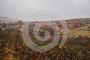 Urban landscape in one of of red cities of Spain Madriguera photo