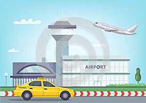 Urban background with airport building, airplane in the sky and taxi car