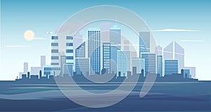 Urban background of cityscape with the factory. City skyline vector illustration. Blue city silhouette. Cityscape in