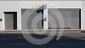 Urban background. Shop retail with metal shutters closed on the sidewalk at the side of the road