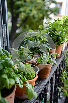 Urban Balcony Garden with Lush Green Potted Plants