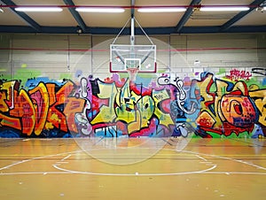 Urban Basketball Court Revived with Vivid Graffiti Art. Generative ai