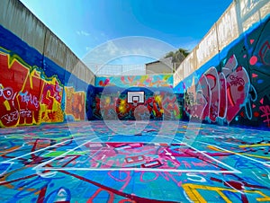 Urban Basketball Court Revived with Vivid Graffiti Art. Generative ai