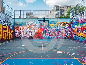 Urban Basketball Court Revived with Vivid Graffiti Art. Generative ai