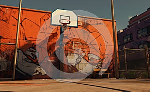 Urban Basketball Hoop on Graffiti-Decorated Court