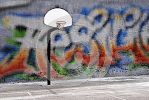 Urban basketball hoop inner city innercity wall and asphalt in o