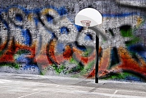 Urban basketball hoop inner city innercity wall and asphalt in o