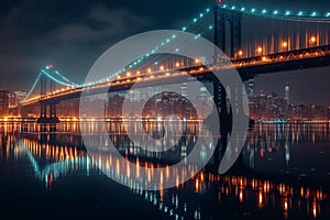 Urban beauty Cityscape lights reflecting on water under a suspension bridge