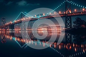 Urban beauty Cityscape lights reflecting on water under a suspension bridge