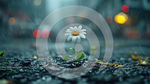 Urban Beauty: Soft-Focus White Flower Growing on City Street Crack