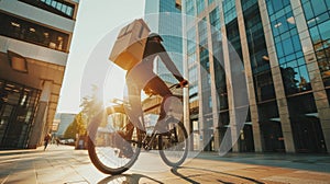 Urban bike courier delivering package in city at sunset