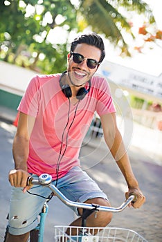 Urban biker with headphones