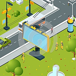 Urban billboards isometric. Town with blank places for advertizing on boards led panels light boxes vector street photo