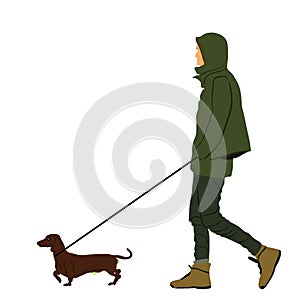 Urban boy walking Dachshund dog on the leash vector illustration isolated on white background.