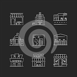 Urban building exteriors chalk white icons set on black background