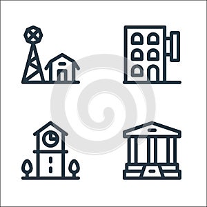 urban building line icons. linear set. quality vector line set such as bank, clock tower, hotel