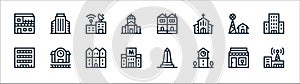 urban building line icons. linear set. quality vector line set such as , clock tower, metro station, mansion, farm, radio station