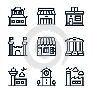 Urban building line icons. linear set. quality vector line set such as factory, clock tower, airport, bank, barber shop, castle,