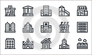 urban building line icons. linear set. quality vector line set such as houses, cabin, block, town hall, circus, tower, stadium,