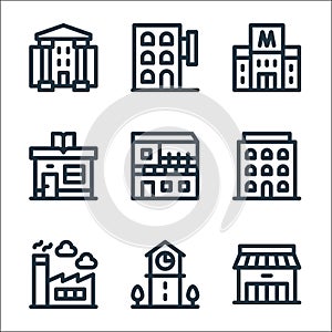 urban building line icons. linear set. quality vector line set such as store, clock tower, factory, block, apartment, library,