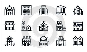 Urban building line icons. linear set. quality vector line set such as twin, china town, clock tower, hospital, stadium, store,