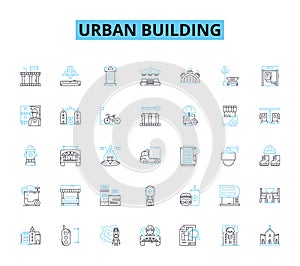 Urban building linear icons set. Skyscraper, Tower, High-rise, Condominium, Apartment, Loft, Penthouse line vector and