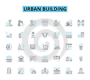 Urban building linear icons set. Skyscraper, Tower, High-rise, Condominium, Apartment, Loft, Penthouse line vector and