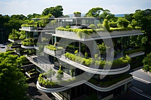 An urban building with multiple levels, adorned with lush greenery on every floor, demonstrating a sustainable design that