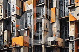 urban building with a striking orange and grey geometric facade, windows and balconies