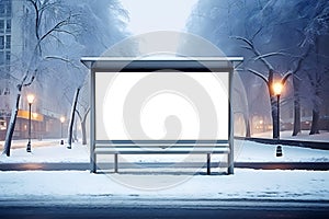 Urban bus stop with white empty commercial advertising billboard on winter city street