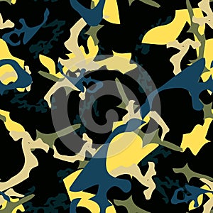 Urban camouflage of various shades of black, yellow, blue and green colors