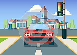 Urban car front view. City background with buildings on landscape vehicles on road travelling concept garish vector