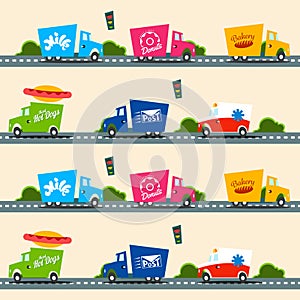 Urban cargo trucks vector seamless pattern in simple kids style