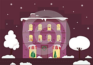 Urban Christmas house, city downtown with winter view street. Background for animation advertising real estate or