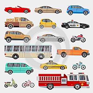 Urban, city cars and vehicles transport vector flat icons set