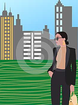 Urban city fashionista illustration with cityscape