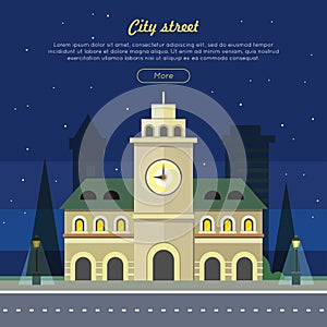 Urban City Illustration at Night Time. Building