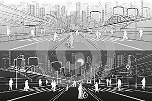 Urban City Infrastructure Illustration. People walking at street. Modern town. Train move on bridge. Illuminated highway. Factory